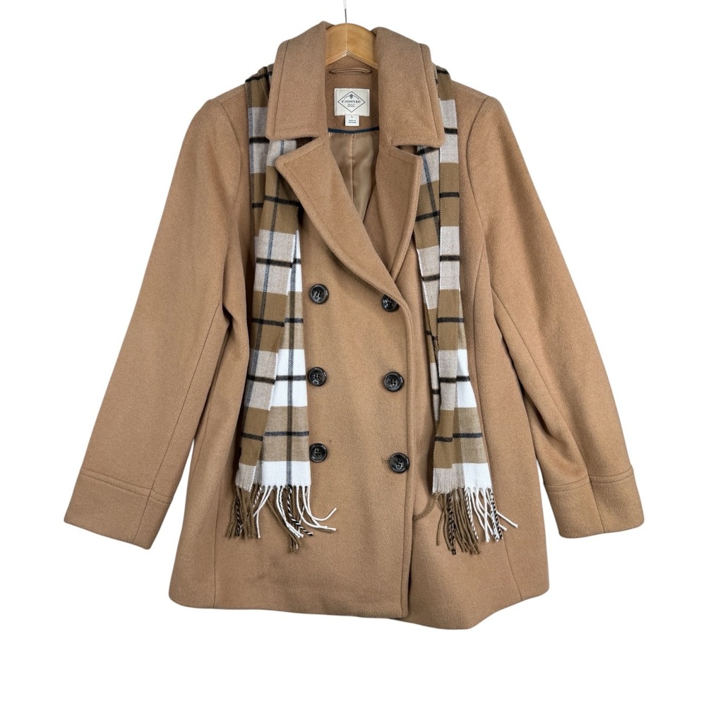 St. John's Bay Wool Blend Double Breasted Pea Coat size Large Tan with Scarf